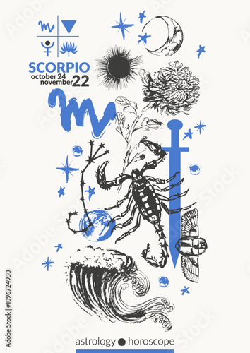 Hand drawn scorpio zodiac sign illustration, horoscope background with astrology symbols and talismans.