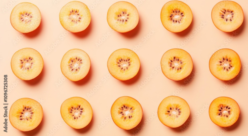 A flat lay of sliced orange melons arranged neatly on a pastel background. A flat lay of sliced orange melons arranged neatly on a pastel background.
