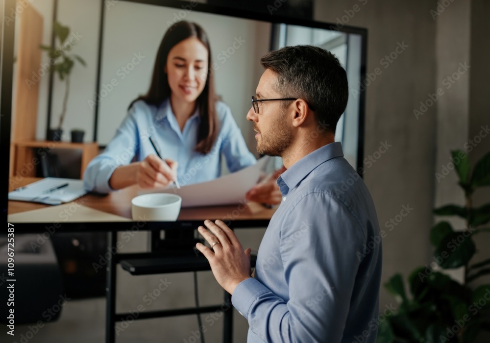 Man in Video Conference with Woman Signing Document Man in Video Conference with Woman Signing Document