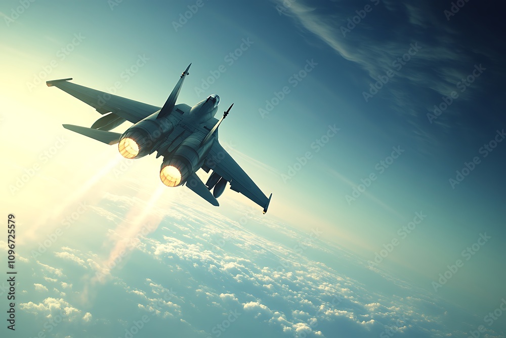 Naklejka premium A fighter jet soaring through the sky, leaving trails of exhaust above the clouds.
