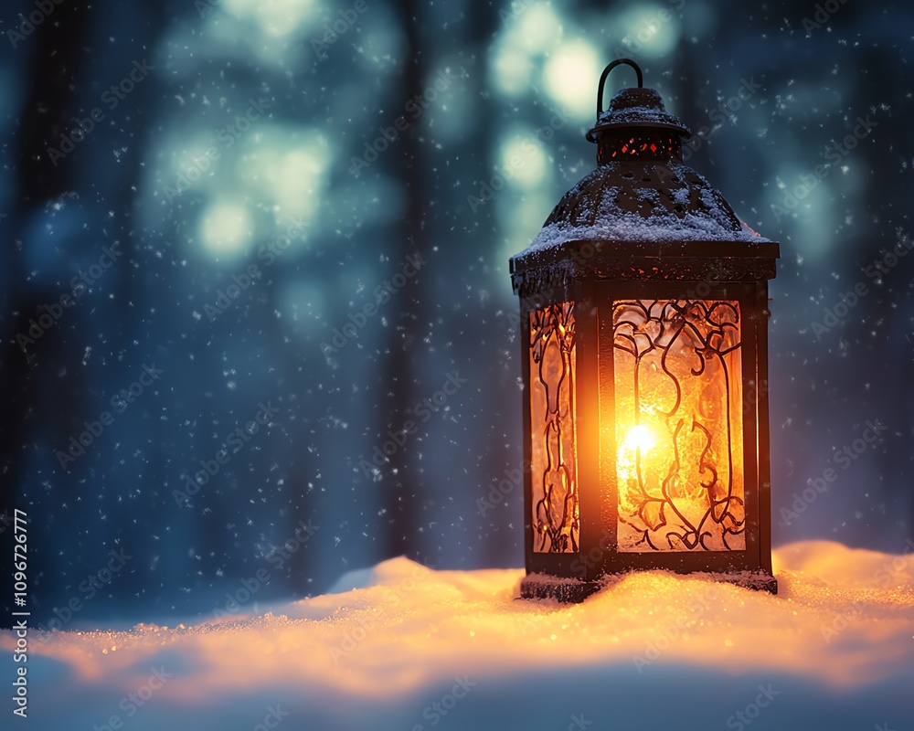 Winter wonderland with an illuminated lantern, glowing warmly in the snow, creating a serene and magical atmosphere on a snowy evening Winter wonderland with an illuminated lantern, glowing warmly in the snow, creating a serene and magical atmosphere on a snowy evening