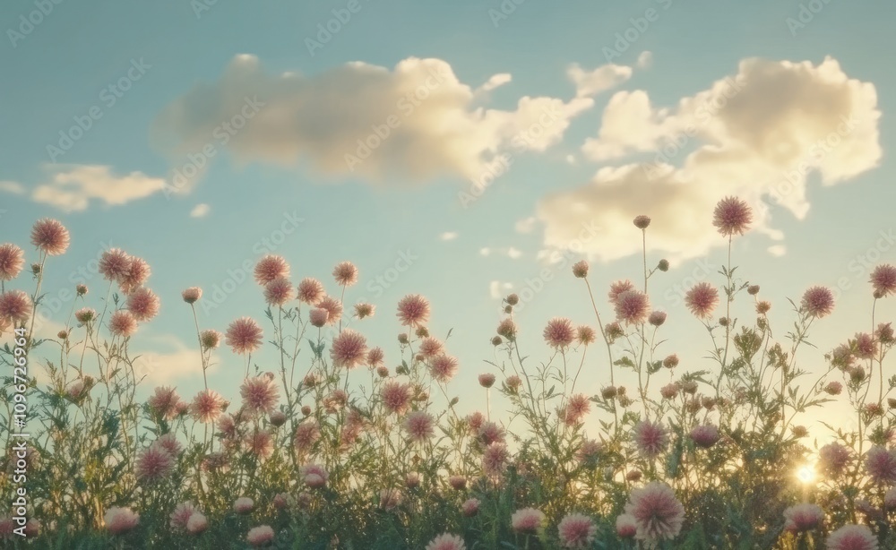 A serene landscape filled with blooming flowers under a bright sky with soft clouds. A serene landscape filled with blooming flowers under a bright sky with soft clouds.