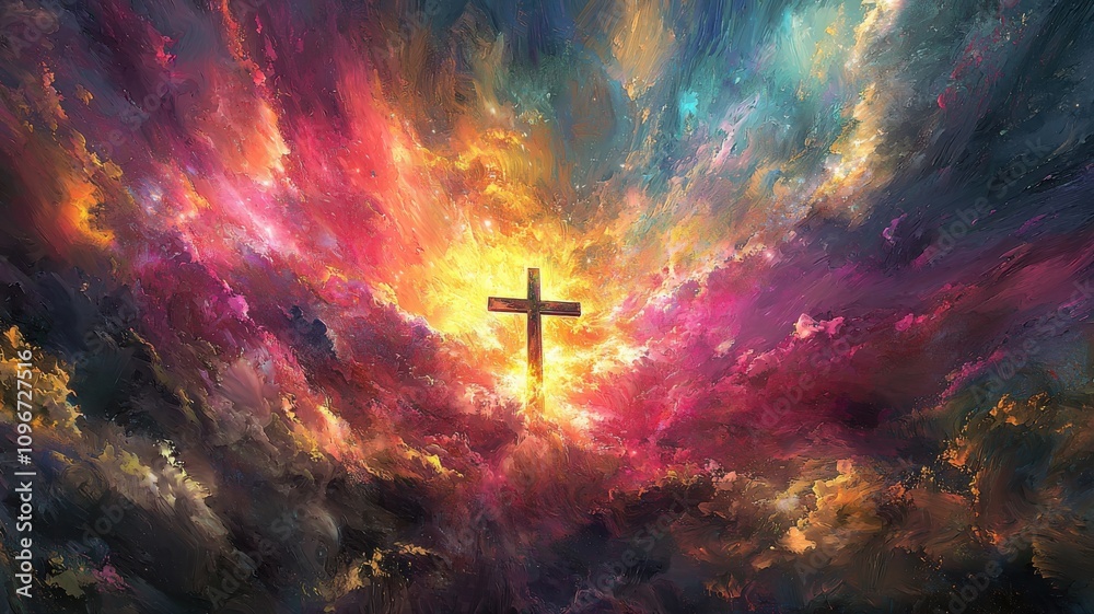 Cross with Radiant Sky in Digital Painting Cross with Radiant Sky in Digital Painting