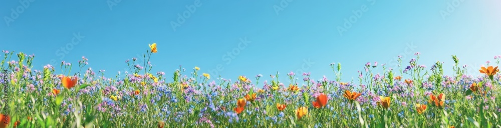 A vibrant field of wildflowers under a clear blue sky, showcasing nature's beauty. A vibrant field of wildflowers under a clear blue sky, showcasing nature's beauty.