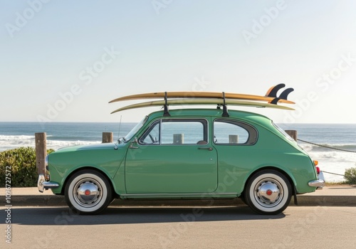 Vintage Car with Surfboards at the Beach