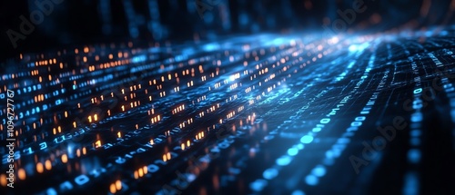 Digital network pathways with glowing binary code strings, dark blue cyberspace background, creative 3D technology design