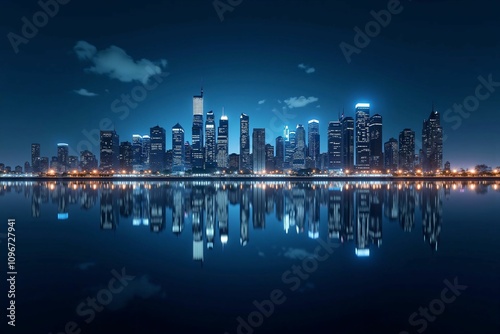 Iconic Urban Skyline of Chicago Reflecting Over Lake Michigan, Capturing the Beauty of Night Lights and Skyscrapers