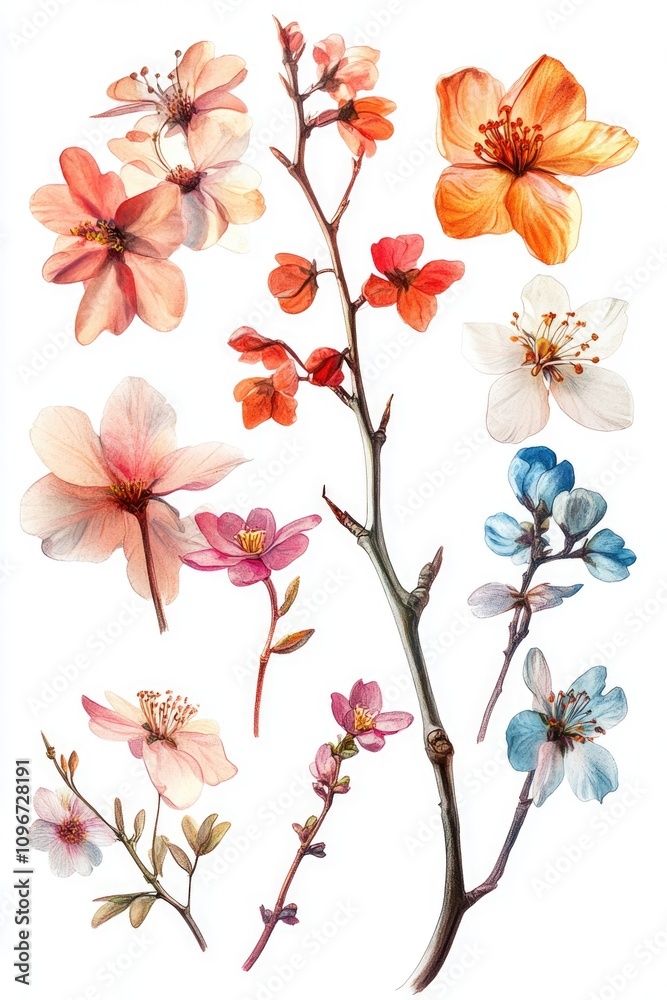 Obraz premium A bouquet of colorful flowers arranged on a natural branch