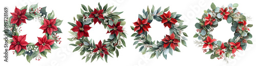 Set of Christmas wreath of red poinsettia, eucalyptus, gum leaves, sage green, watercolor, isolated on a Transparent background