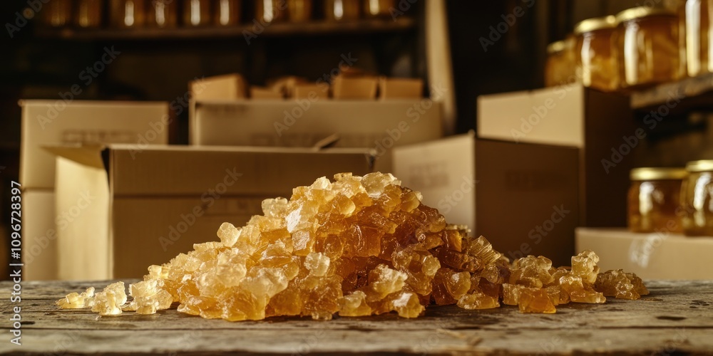 A pile of golden crystals on a wooden surface, surrounded by jars and boxes. A pile of golden crystals on a wooden surface, surrounded by jars and boxes.