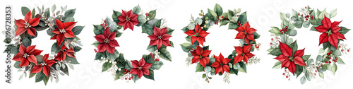 Set of Christmas wreath of red poinsettia, eucalyptus, gum leaves, sage green, watercolor, isolated on a Transparent background