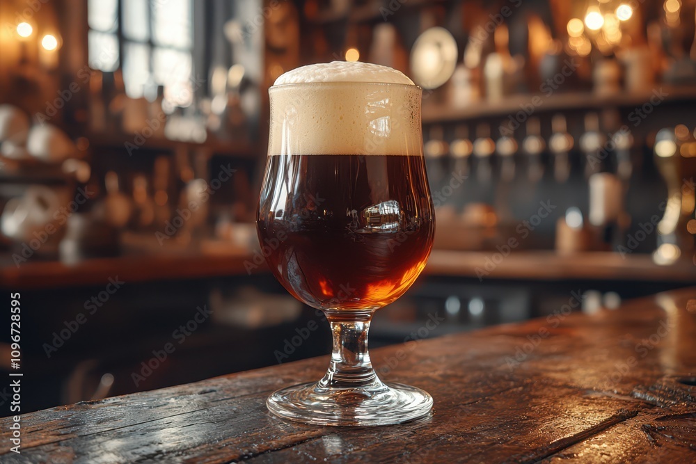 Dark porter in a chalice, foam in sharp focus, surrounded by a rustic bar setting, with hanging mugs blurred in the background. Dark porter in a chalice, foam in sharp focus, surrounded by a rustic bar setting, with hanging mugs blurred in the background.