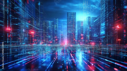 Futuristic city at night with glowing digital data streams and skyscrapers.