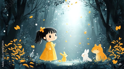 little girl and her talking animal friends, walking through a magical forest, placed on a white background
