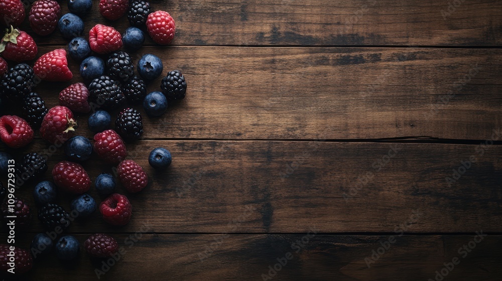 A collection of fresh berries arranged on a wooden surface, highlighting their vibrant colors. A collection of fresh berries arranged on a wooden surface, highlighting their vibrant colors.