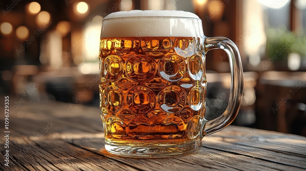 Golden pilsner with frothy head in sharp focus, chilled glass and condensation droplets against blurred rustic pub table lights. Golden pilsner with frothy head in sharp focus, chilled glass and condensation droplets against blurred rustic pub table lights.