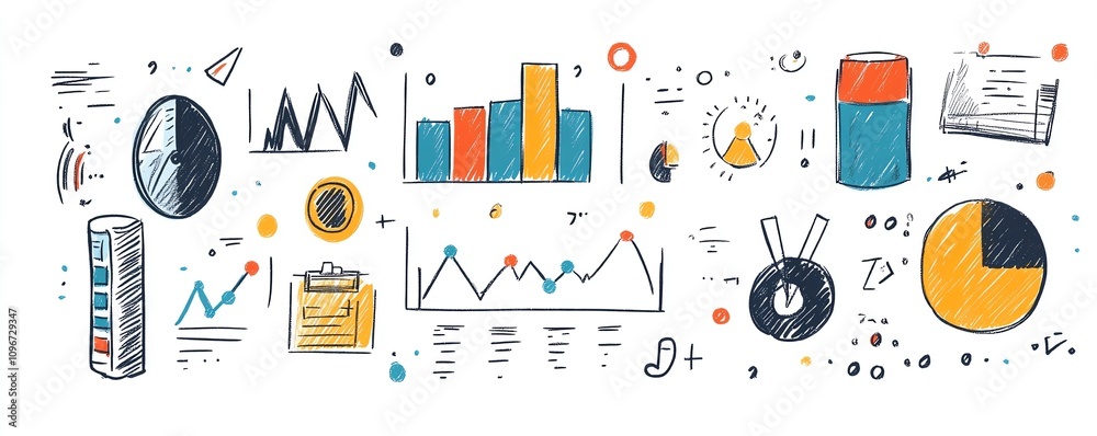 White background with a collection of handdrawn business and analysis icons, showcasing graphs, charts, and mathematical formulas White background with a collection of handdrawn business and analysis icons, showcasing graphs, charts, and mathematical formulas
