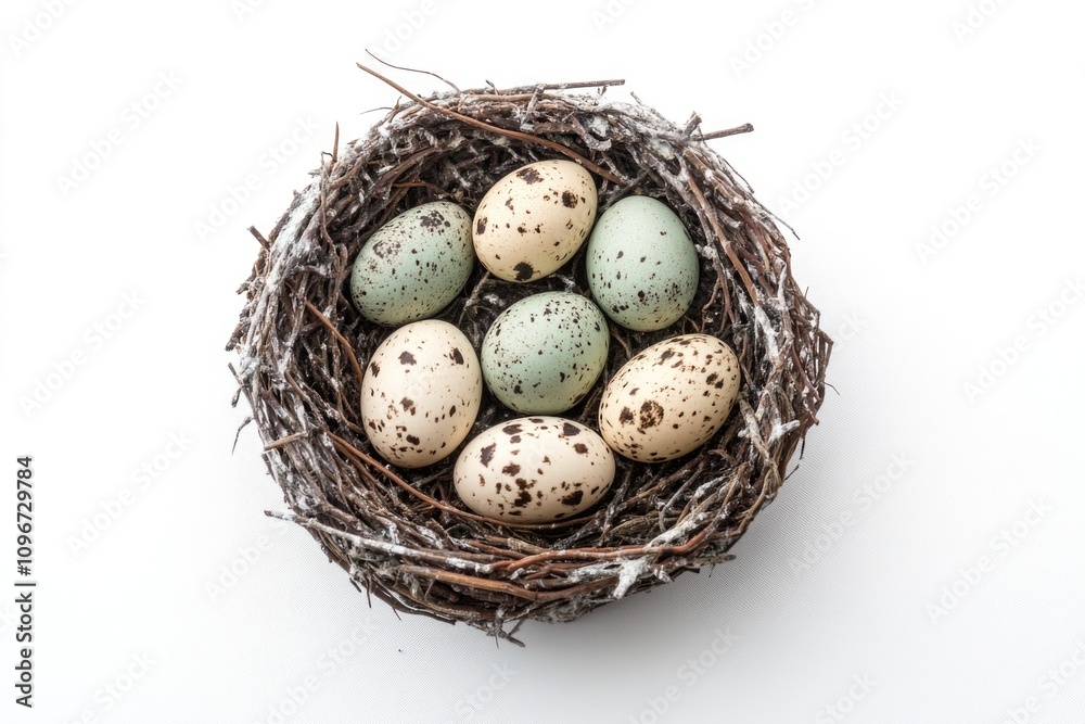 A realist depiction of a nest filled with four eggs resting on a clean, white surface A realist depiction of a nest filled with four eggs resting on a clean, white surface