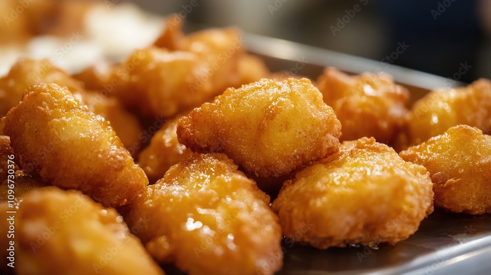 A close-up shot of a tray filled with crispy fried foods, great for advertising or editorial use A close-up shot of a tray filled with crispy fried foods, great for advertising or editorial use