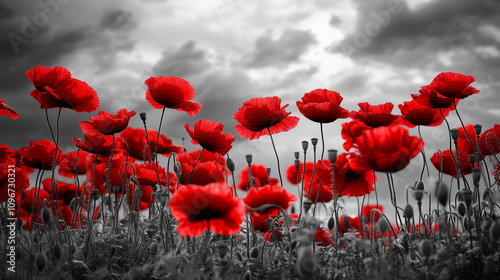 Black and white photo of a field with red poppy flowers 