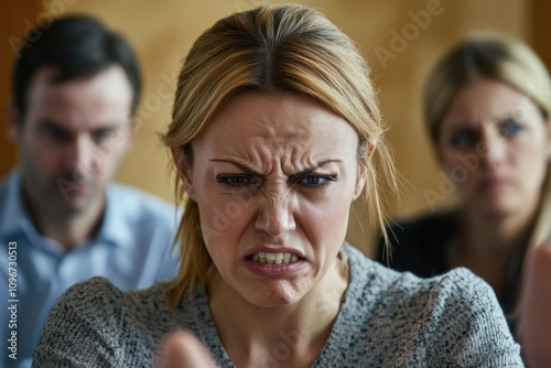 A woman makes a surprised or disappointed face as a man watches her reaction