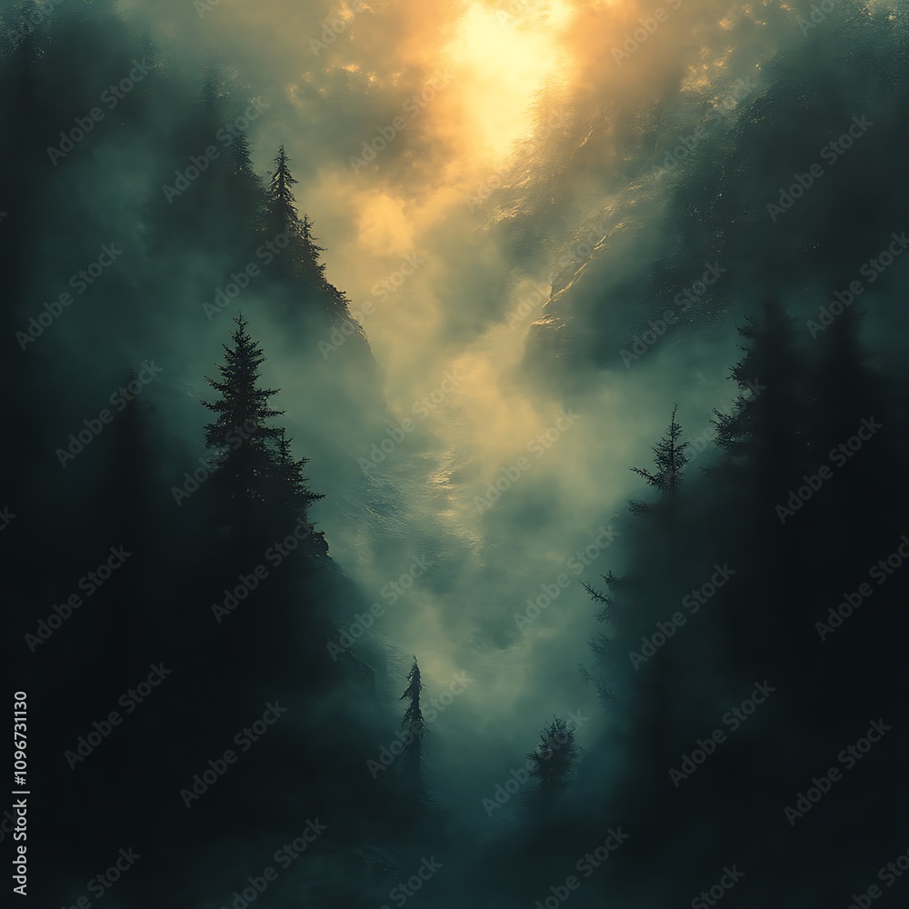 there is a picture of a forest with fog and sun in the background there is a picture of a forest with fog and sun in the background