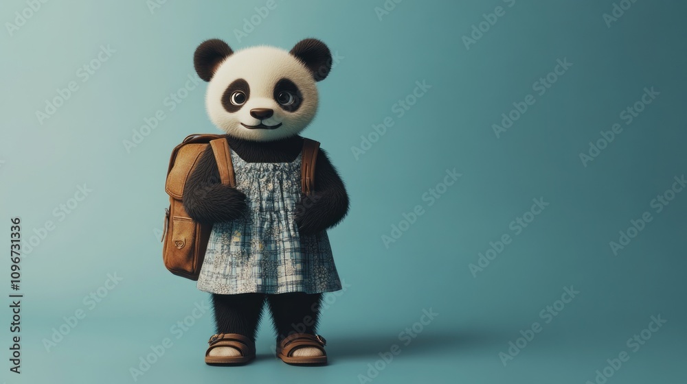 A cute panda character wearing a dress and backpack, standing against a blue background.