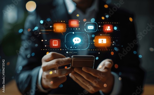 Businessman Using Smartphone Chatting Messaging Communication Concept Technology Social Network Live Chat Conversation Working at Home Chat Box Icons Pop Up Copy Space Social Media