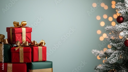 Festive Christmas Presents Wrapped Gifts Gold Ribbons