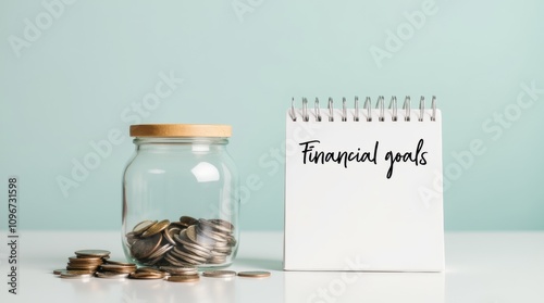 savings jar filled with coins and a notepad with financial goals written on it, representing the journey toward achieving financial resolutions photo