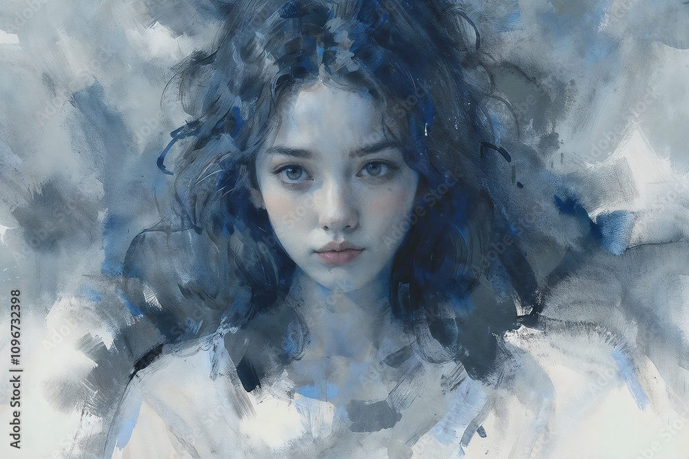 Portrait of a young woman with dark hair and expressive eyes, painted in cool blue tones Portrait of a young woman with dark hair and expressive eyes, painted in cool blue tones
