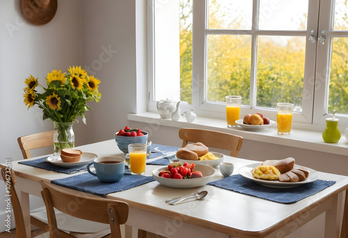 Breakfast for two served on the kitchen table with food and drinks in the morning. photo