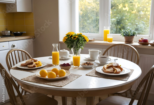 Breakfast for two served on the kitchen table with food and drinks in the morning. photo