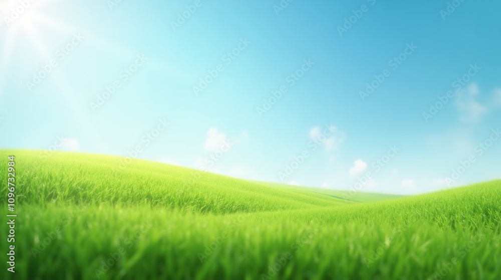 landscape featuring a lush green meadow under a clear blue sky, with a gentle breeze creating ripples in the grass. Concept of renewal and tranquility, perfect for conveying a fresh start landscape featuring a lush green meadow under a clear blue sky, with a gentle breeze creating ripples in the grass. Concept of renewal and tranquility, perfect for conveying a fresh start