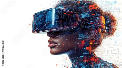 futuristic tech illustration of a person wearing augmented reality glasses, isolated on a clean white background, with digital interface elements