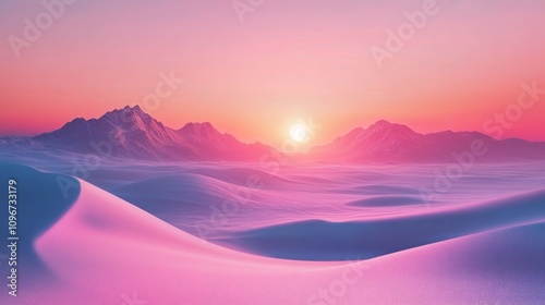 Pink sunset over snowy mountains and dunes.