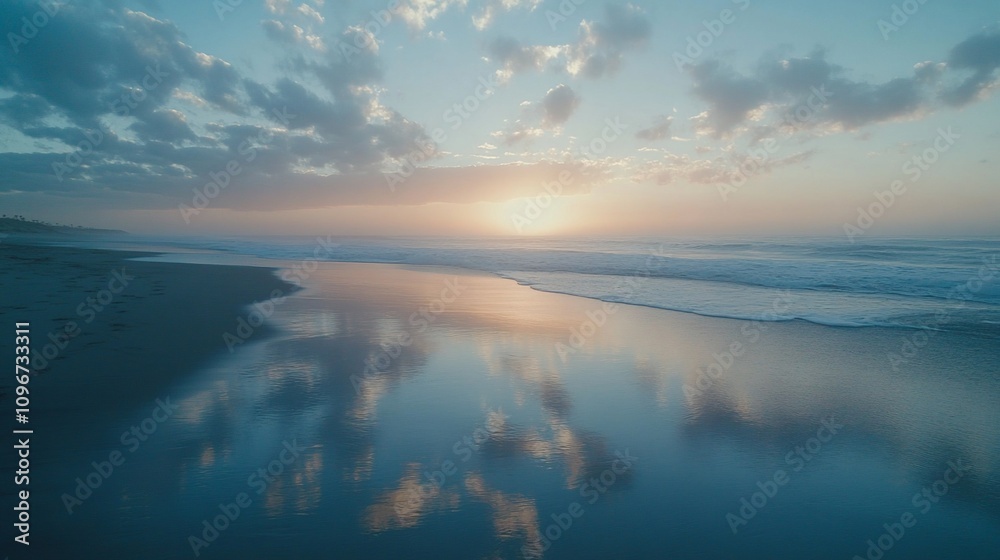 Fototapeta premium Serene sunset reflecting on tranquil beach, ocean waves gently lapping the shore.