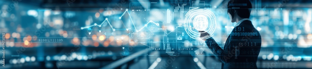 Businessman outlining goals and targets on a virtual screen in futuristic office for digital marketing and business growth, financial investment and strategic planning