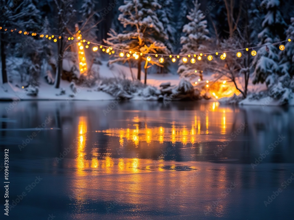 Naklejka premium Twinkling Christmas lights reflected on a frozen pond surrounded by snow-covered trees, sparkling lights, frozen scenery, snowy trees