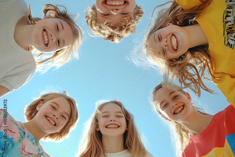 a group of children playing in the park and taking a photo together, seen from below a group of children playing in the park and taking a photo together, seen from below