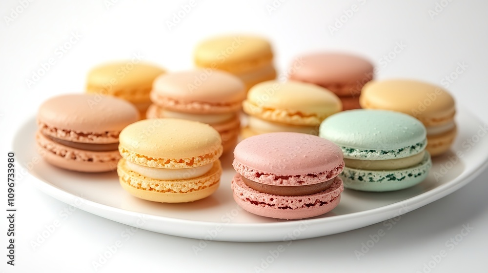 macarons in pastel colors, neatly arranged on a white background, highlighting the elegance and delicacy of the desserts. macarons in pastel colors, neatly arranged on a white background, highlighting the elegance and delicacy of the desserts.
