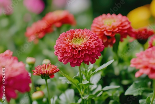 Colorful bouquet of flowers grows among green grass