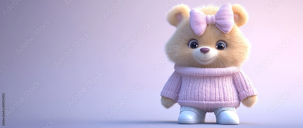 A cute teddy bear character wearing a pink sweater and bow, set against a soft gradient background. A cute teddy bear character wearing a pink sweater and bow, set against a soft gradient background.