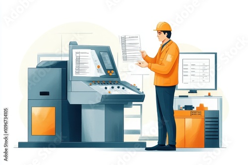 A worker in an orange uniform operates a printing machine, reviewing documents in a modern office environment.