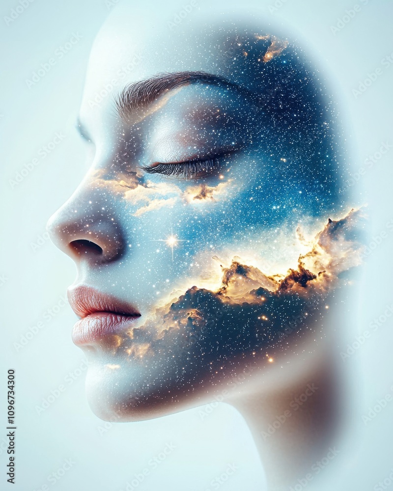 Fototapeta premium Double exposure concept with human face silhouettes and texture. Dreamy face with cosmic elements and a serene expression