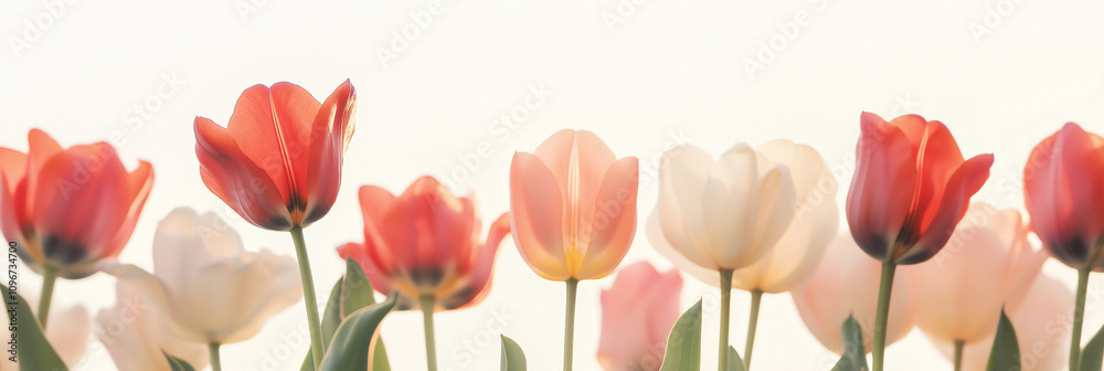 Fototapeta premium A serene row of pastel-colored tulips is captured in soft lighting, swaying slightly, creating a peaceful and gentle composition against a muted background.