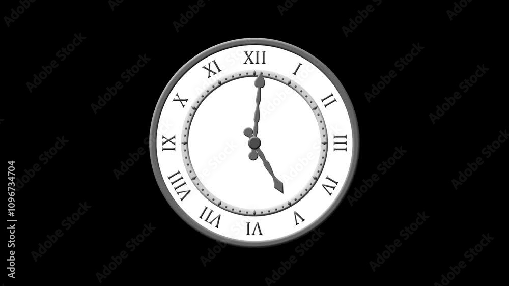 animated wall clock seamless looping, roman wall clock with latin numeral. animation footage video isolated on alpha channel(transparent) background.