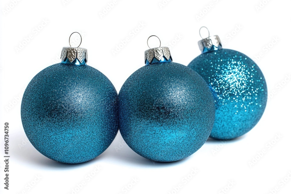 Three shiny blue Christmas ornaments on a white background Three shiny blue Christmas ornaments on a white background