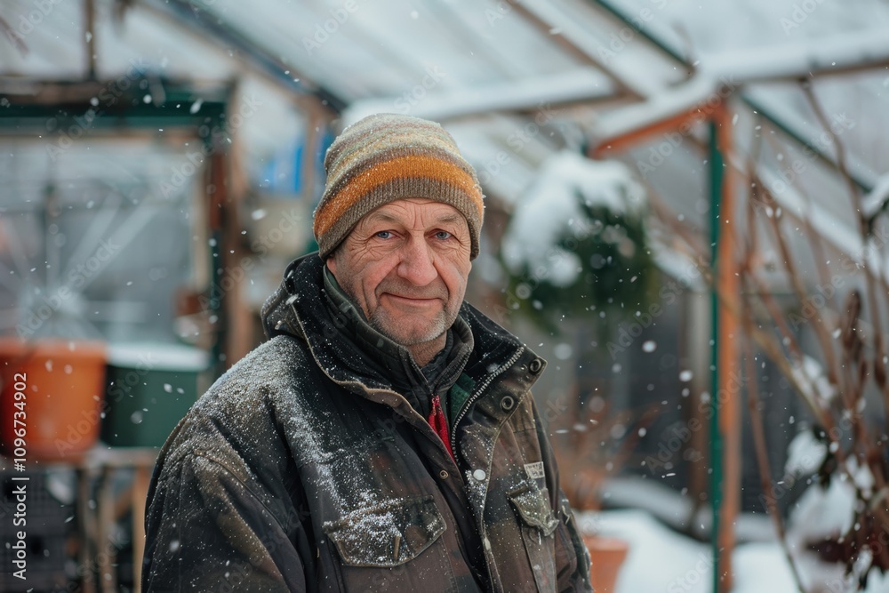 Worker watering frost-covered plants in a winter greenhouse Worker watering frost-covered plants in a winter greenhouse
