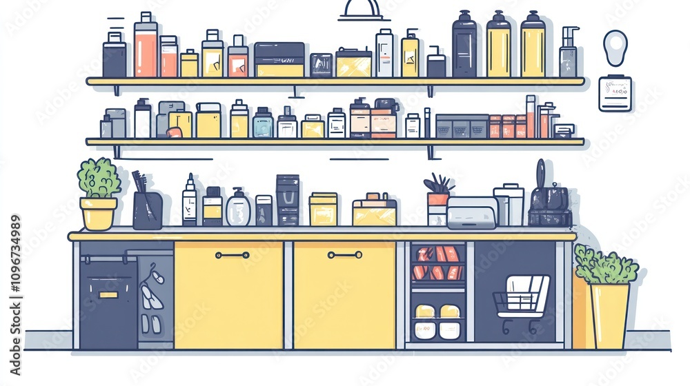 A neatly organized shelf displaying various containers and tools for home or workshop use. A neatly organized shelf displaying various containers and tools for home or workshop use.